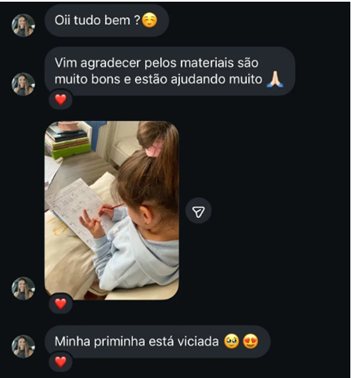 Print de DM no Instagram com foto de criança usando o material